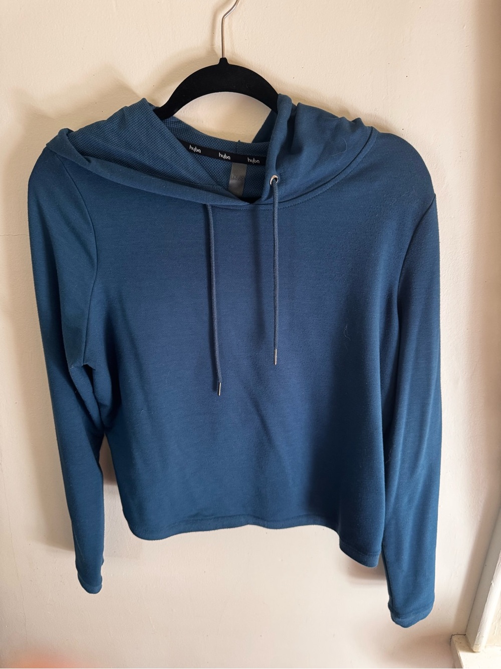 Hyba Blue Hooded Sweater with Crisscross Back Size Large